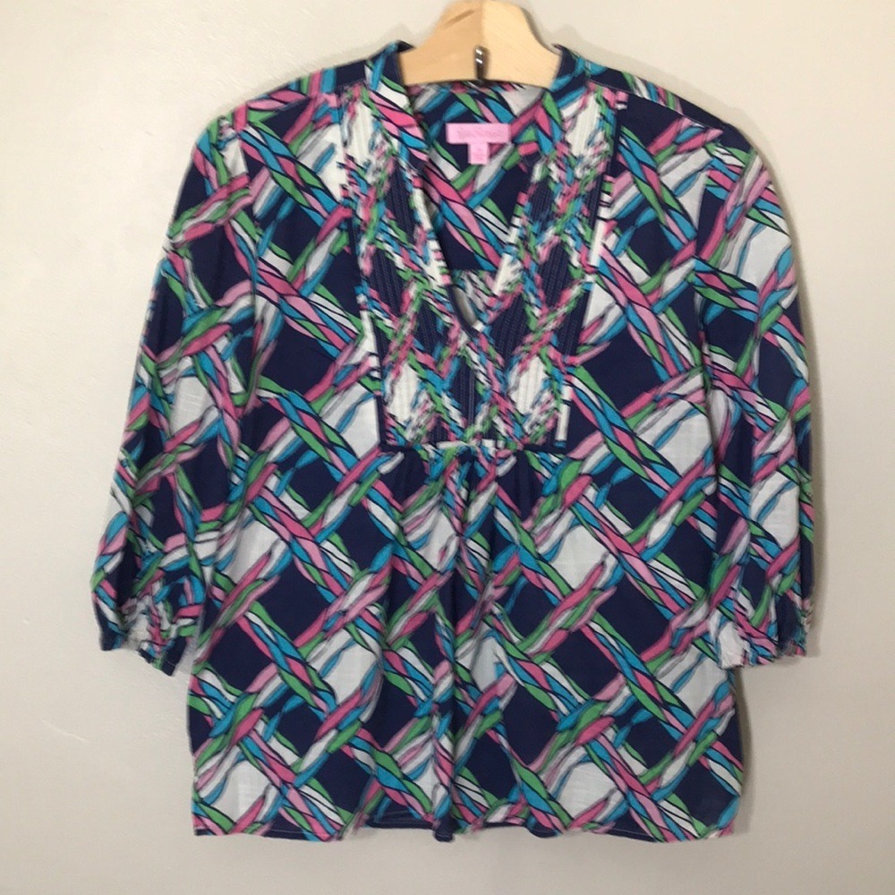 Lilly Pulitzer Women's XS Tunic Top Navy Pink Greenβ Lattice Pintuck Cotton